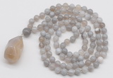 GMN4839 Hand-knotted 8mm, 10mm grey banded agate 108 beads mala necklace with pendant