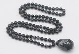 GMN4840 Hand-knotted 8mm, 10mm black banded agate 108 beads mala necklace with pendant