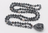 GMN4842 Hand-knotted 8mm, 10mm black banded agate 108 beads mala necklace with pendant