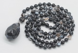 GMN4843 Hand-knotted 8mm, 10mm black banded agate 108 beads mala necklace with pendant