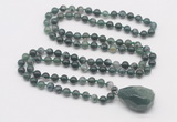 GMN4846 Hand-knotted 8mm, 10mm moss agate 108 beads mala necklace with pendant