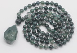 GMN4847 Hand-knotted 8mm, 10mm moss agate 108 beads mala necklace with pendant