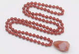 GMN4850 Hand-knotted 8mm, 10mm red agate 108 beads mala necklace with pendant