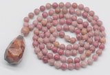 GMN4853 Hand-knotted 8mm, 10mm pink wooden jasper 108 beads mala necklace with pendant