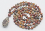 GMN4859 Hand-knotted 8mm, 10mm picasso jasper 108 beads mala necklace with pendant