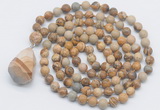 GMN4861 Hand-knotted 8mm, 10mm picture jasper 108 beads mala necklace with pendant