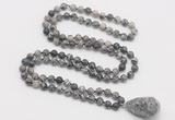 GMN4862 Hand-knotted 8mm, 10mm black water jasper 108 beads mala necklace with pendant