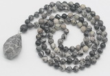 GMN4863 Hand-knotted 8mm, 10mm black water jasper 108 beads mala necklace with pendant