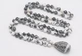 GMN4864 Hand-knotted 8mm, 10mm black & white jasper 108 beads mala necklace with pendant