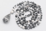 GMN4865 Hand-knotted 8mm, 10mm black & white jasper 108 beads mala necklace with pendant