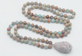 GMN4870 Hand-knotted 8mm, 10mm serpentine jasper 108 beads mala necklace with pendant