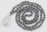 GMN4895 Hand-knotted 8mm, 10mm labradorite 108 beads mala necklace with pendant