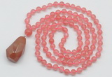 GMN4900 Hand-knotted 8mm, 10mm cherry quartz 108 beads mala necklace with pendant