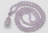 GMN4902 Hand-knotted 8mm, 10mm lavender amethyst 108 beads mala necklace with pendant