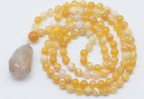 GMN4905 Hand-knotted 8mm, 10mm yellow banded agate 108 beads mala necklace with pendant