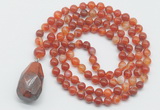 GMN4907 Hand-knotted 8mm, 10mm red banded agate 108 beads mala necklace with pendant