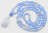 GMN4908 Hand-knotted 8mm, 10mm blue banded agate 108 beads mala necklace with pendant