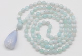 GMN4909 Hand-knotted 8mm, 10mm sea blue banded agate 108 beads mala necklace with pendant