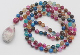 GMN4911 Hand-knotted 8mm, 10mm colorful banded agate 108 beads mala necklace with pendant