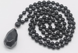 GMN4915 Hand-knotted 8mm, 10mm black agate 108 beads mala necklace with pendant