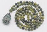 GMN4919 Hand-knotted 8mm, 10mm Canadian jade 108 beads mala necklace with pendant