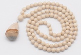 GMN4920 Hand-knotted 8mm, 10mm white fossil jasper 108 beads mala necklace with pendant