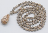 GMN4925 Hand-knotted 8mm, 10mm feldspar 108 beads mala necklace with pendant