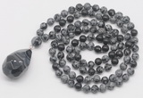 GMN4930 Hand-knotted 8mm, 10mm snowflake obsidian 108 beads mala necklace with pendant