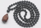 GMN4933 Hand-knotted 8mm, 10mm black lava 108 beads mala necklace with pendant