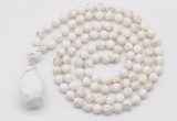 GMN4943 Hand-knotted 8mm, 10mm white howlite 108 beads mala necklace with pendant