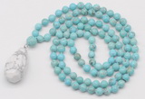 GMN4944 Hand-knotted 8mm, 10mm blue howlite 108 beads mala necklace with pendant