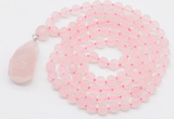 GMN5000 Hand-knotted 8mm, 10mm matte rose quartz 108 beads mala necklace with pendant