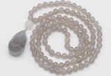 GMN5007 Hand-knotted 8mm, 10mm matte grey agate 108 beads mala necklace with pendant