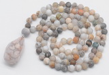 GMN5009 Hand-knotted 8mm, 10mm matte bamboo leaf agate 108 beads mala necklace with pendant