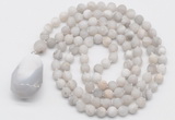 GMN5010 Hand-knotted 8mm, 10mm matte white crazy agate 108 beads mala necklace with pendant