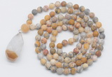 GMN5011 Hand-knotted 8mm, 10mm matte yellow crazy agate 108 beads mala necklace with pendant