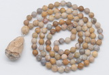 GMN5012 Hand-knotted 8mm, 10mm matte fossil coral 108 beads mala necklace with pendant