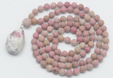 GMN5015 Hand-knotted 8mm, 10mm matte pink wooden jasper 108 beads mala necklace with pendant