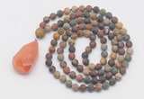 GMN5017 Hand-knotted 8mm, 10mm matte picasso jasper 108 beads mala necklace with pendant