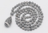 GMN5020 Hand-knotted 8mm, 10mm matte grey picture jasper 108 beads mala necklace with pendant