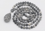 GMN5021 Hand-knotted 8mm, 10mm matte black water jasper 108 beads mala necklace with pendant