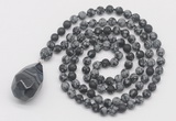 GMN5022 Hand-knotted 8mm, 10mm matte snowflake obsidian 108 beads mala necklace with pendant