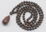 GMN5024 Hand-knotted 8mm, 10mm matte bronzite 108 beads mala necklace with pendant