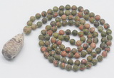 GMN5025 Hand-knotted 8mm, 10mm matte unakite 108 beads mala necklace with pendant