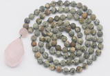 GMN5026 Hand-knotted 8mm, 10mm matte rhyolite 108 beads mala necklace with pendant