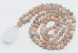 GMN5031 Hand-knotted 8mm, 10mm matte sunstone 108 beads mala necklace with pendant