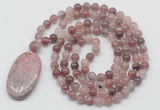 GMN5060 Hand-knotted 8mm, 10mm purple strawberry quartz 108 beads mala necklace with pendant