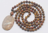 GMN5062 Hand-knotted 8mm, 10mm red moss agate 108 beads mala necklace with pendant