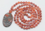 GMN5063 Hand-knotted 8mm, 10mm fire agate 108 beads mala necklace with pendant