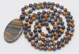 GMN5071 Hand-knotted 8mm, 10mm colorful tiger eye 108 beads mala necklace with pendant